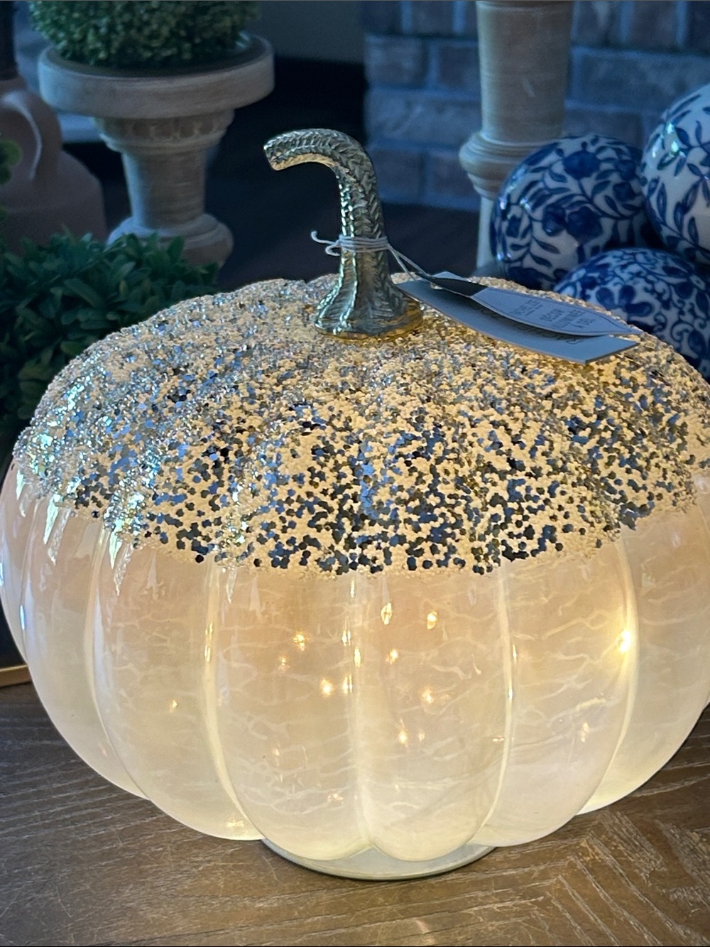 NEW! Vintage Inspired Metallic Gold Silver Glitter Lighted Fall Harvest Pumpkin